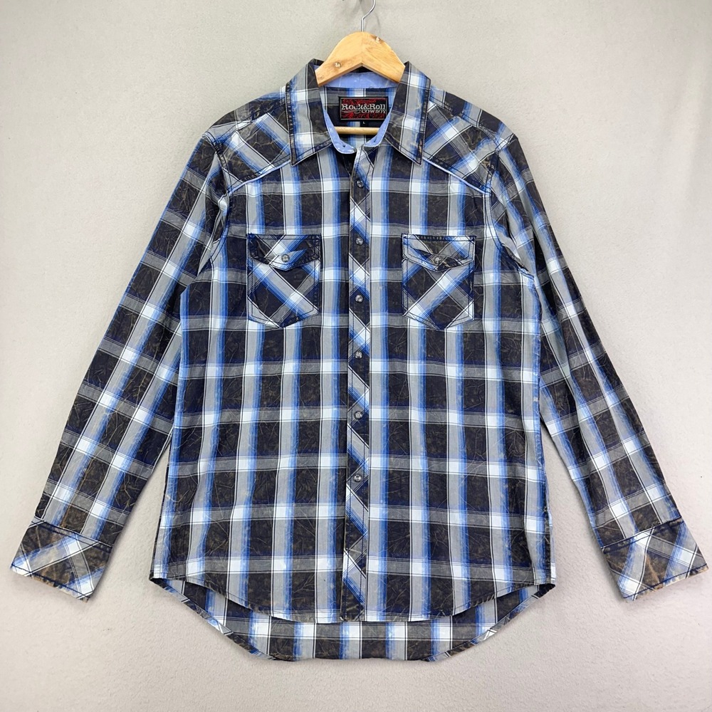 Rock & Roll Cowboy Shirt Mens Large Long‎ Sleeve Shadow Plaid Pearl Snap Rodeo